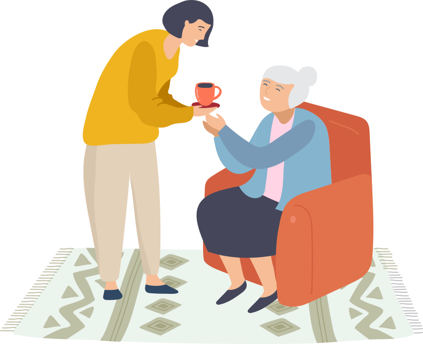 Illustration einer Betreuerin, die einer Klientin eine Tasse Tee reicht