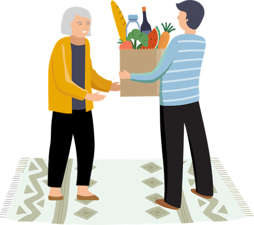 Klientin nimmt den Lebensmitteleinkauf von dem Betreuer entgegen